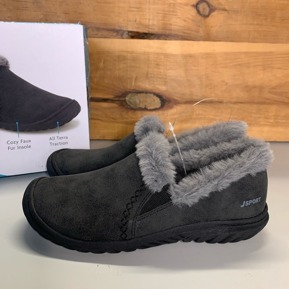 NEW Women’s JSport Willa Slip On Traction Faux Fur Lined Shoes Black